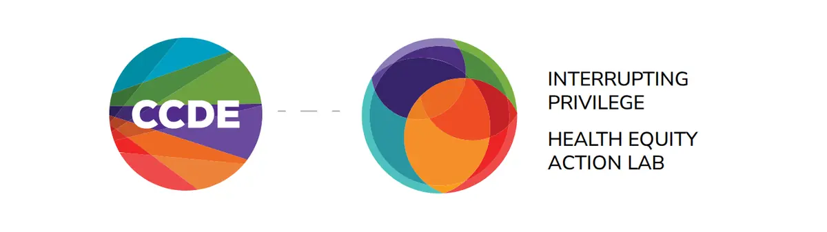 The CCDE logo projecting into the HEAL and Interrupting Privilege logos